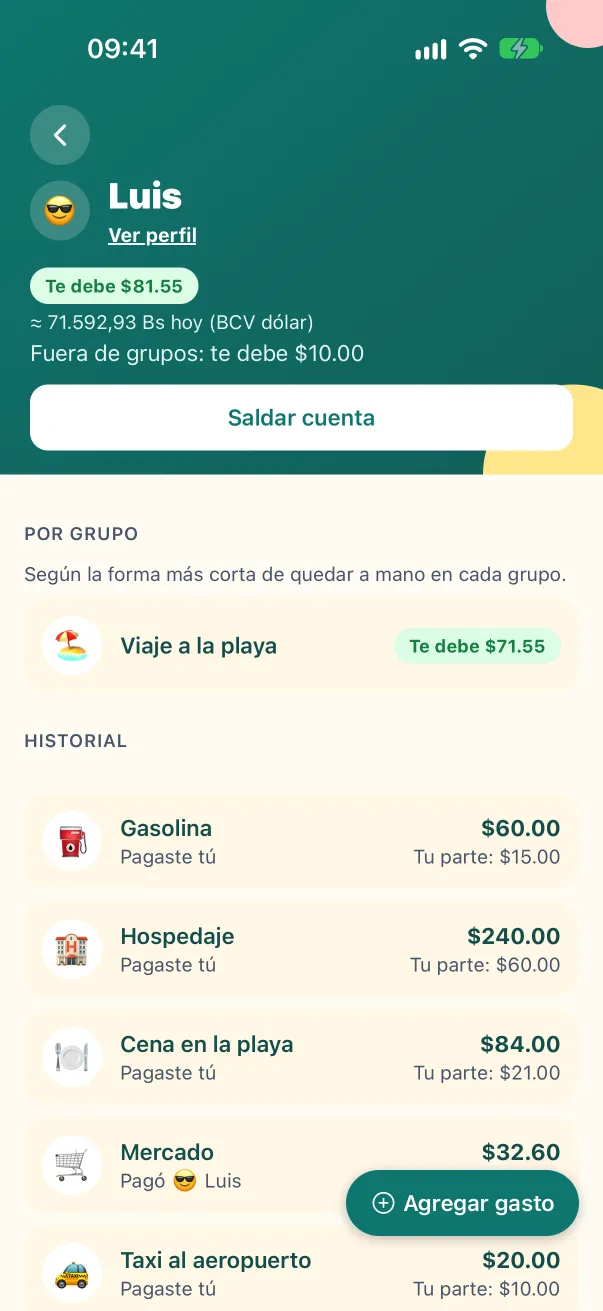 Pantalla de un amigo en ParS con su saldo fuera de grupos y por grupo