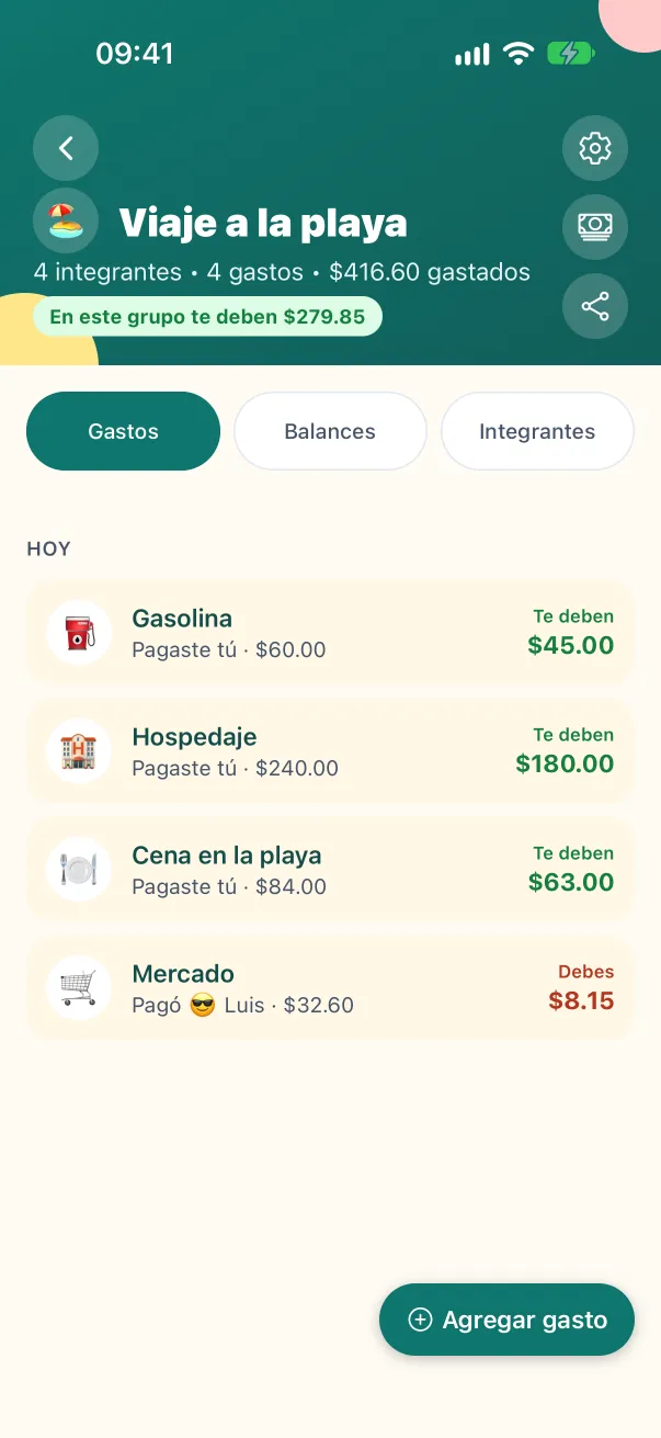 Pantalla de ParS con los gastos del grupo «Viaje a la playa»