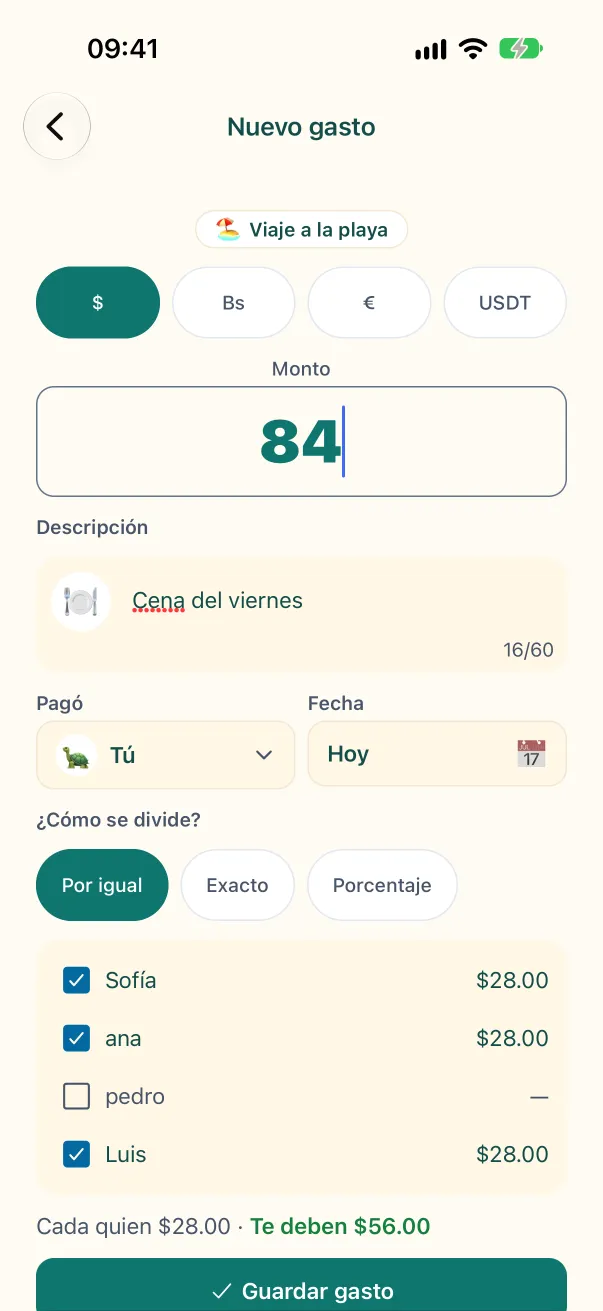 Pantalla de nuevo gasto en ParS: cómo dividir y quiénes participan